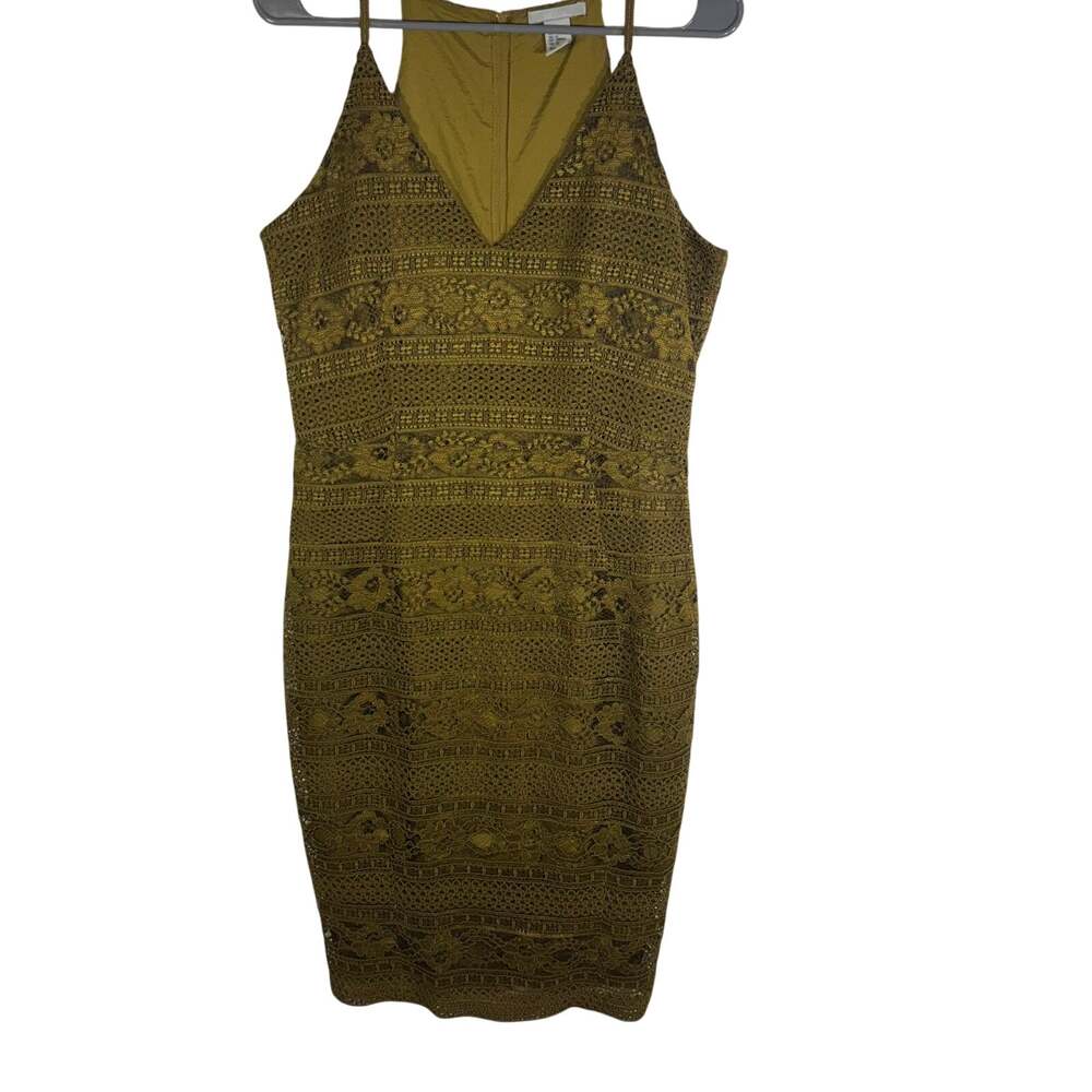 H&M Womens 12 Olive Green Floral Lace Crochet Midi Dress Bodycon V Neck
